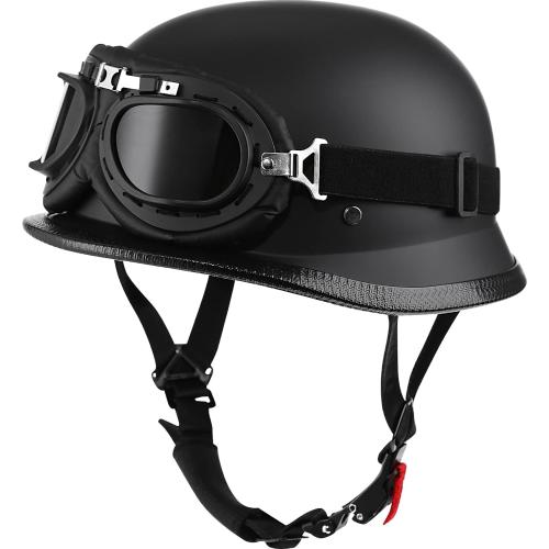 Motorcycle Half Helmet - German Style Vintage Skull Cap for Men and Women- Adjustable Quick Release Buckle - DOT Approved (XX-Large, Matte Black & Black & Black Goggles)