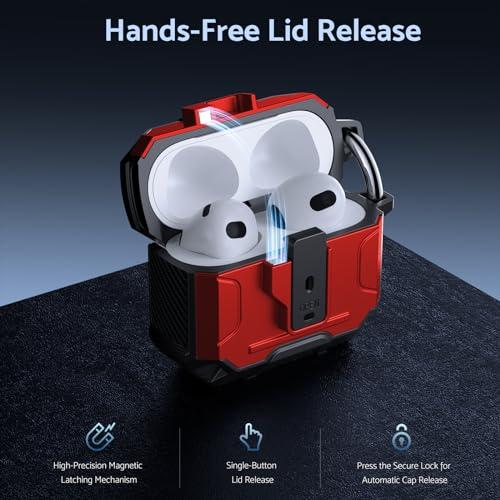 DASFOND Armor Cover AirPods 3 Generation Case, Military Grade Full Body Shockproof Protection Hard Case, Support Wireless Charging with Keychain, Magnetic Lid, Front LED Visible, Red