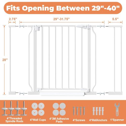 Baby Gate No Drilling, 29-40 Dog Gate Indoor for Stairs & Doorways | Auto Close, Pressure Mounted Adjustable Pet Gate Indoor, Easy Walk Through Child Gate for Baby & Pet Stroller Friendly, White