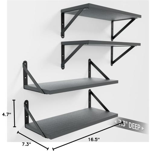 COCOYA Wall Shelves 7.3 Deep Solid Paulownia Wood (Grey, Set of 4)