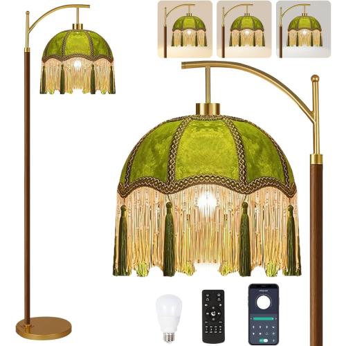 QIYIZM Vintage Floor Lamp for Living Room,Bedroom,Fringe Standing Lamp with Remote Dimmable,Green Mid Century Gold Arc Tall Lamp Boho Retro Wood Tassel Flower Unique Lamp Tiffany Victorian Decor