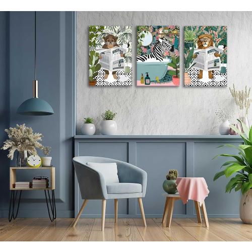 3Pcs Jungle Animal Bathroom Canvas Wall Art Zebra in Bathtub Pictures Lion Monkey on Toilet Reading Newspaper Paintings Funny Forest Animal Posters Prints for Restroom Wall Decor Framed