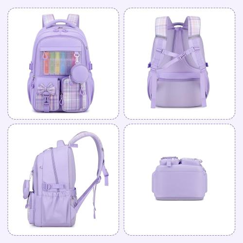 Backpack for School, Kids Backpacks for Girls, Girls Cute Bookbag for Teens, Schoolbag for Elementary Middle School Students, Girl Backpacks Ages 6-8, With Coin Purse, Travel, Camp, Purple Plaid