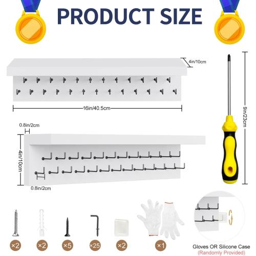 Medal Holder Display Trophy Shelf Organizer, Sturdy Wooden Race Award Hanger Rack with 25 Steel Hooks, Wall Mount Storage Stand for Sports Fans, Cheer Success