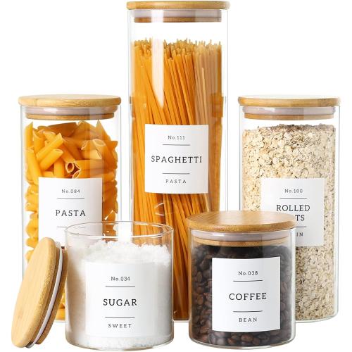 5 Pack Glass Jars with Bamboo Airtight Lids - Stackable Food Storage Containers with 132 Pantry Labels - with Wood Lid for Candy, Cookie, Rice, Sugar, Flour, Pasta, Nuts