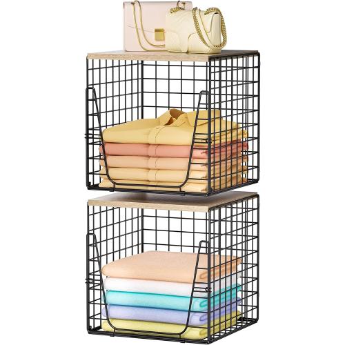 SWTYMIKI 2PCS Closet Organizers and Storage - Stackable Closet Basket with Wood Top Shelf, Clothes Storage Shelves, Clothes Drawer Bins for Wardrobe, Bedroom, Entryway, Black