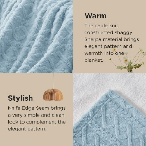 Bedsure Fleece Throw Blanket, Jacquard Cable Pattern, Double-Sided Plush & Fluffy, Reversible Cozy Warm for Couch, Blue,