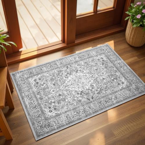 Grey Small Washable Area Rug, 2x3 Boho Vintage Entryway Rugs, Soft Non Slip Floral Door Mat, Aesthetic Low Pile Carpet for Front Door Entry Carpets Entrance Bedroom Kitchen