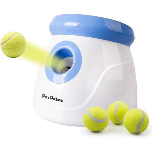 Pet Prime Automatic Dog Ball Thrower Launcher for Small and Medium Dogs, Interative Dog Fetch Machine with 3 Tennis Balls (2'') for Indoor/Outdoor Throwing Game Launch Distance 10-30ft