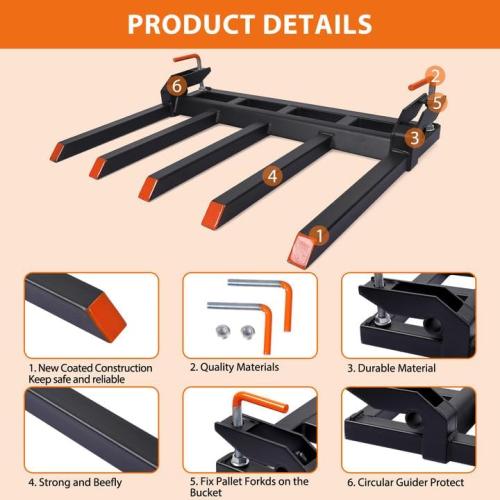 USED ‼️ Garvee Clamp on Debris Forks to 48 in Bucket, Heavy Duty 5 Fork Tines Clamp-on Pallet Attachments with 2500 LBS Capacity Fit for Tractor Bucket, Loader, Skid Steer