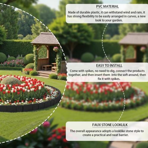 Garden Edging 40pcs, Faux Stone Edging for Landscaping [4 Inch Tall], Plastic Garden Mini Fence, Landscape Edging Border (Total 32FT) for Flowerbeds,Yard, Fence Edge with 40pcs Anchoring Spikes, Black