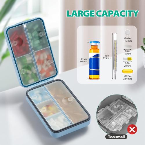 8 Grids Large Capacity Pill Organizer with Labels and Storage Bag, Airtight Medicine Case for Traveling Portable Pharmacy Box Vitamin Container 8 Compartment Supplement Medication Holder Daily, Blue