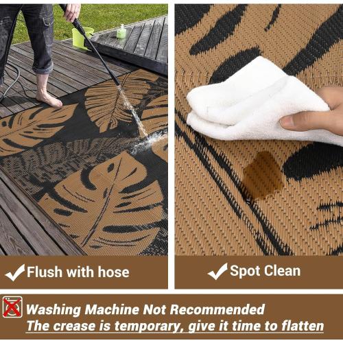 Outdoor Rug 9x18 Patio Waterproof, Foldable Reversible Outdoor Plastic Straw Rug Leaf Mat for Camper Outside Carpet for Rv, Deck, Porch, Picnic, Beach, Balcony Leaf|Black&Brown