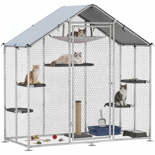PawHut Large Catio Outdoor Cat Enclosure with Waterproof Cover, Walk-in Cat Patio w/ 5 Adjustable Platforms & Hammock