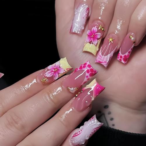 24Pcs Summer Flower Press on Nails Medium Square Fake Nails with 3D Gold Starfish Beads Pearl Design Glossy Pink Floral False Nails Full Cover Glue On Nails Yellow French Tip Stick on Nails for Women