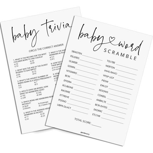 GardenCity Baby Shower Games - Baby Trivia and Word Scramble Game, 50 Double-Sided Cards (Minimalist)