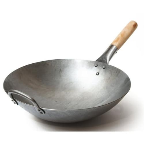 Craft Wok Traditional Hand Hammered Carbon Steel Pow Wok with Wooden and Steel Helper Handle (14 Inch, Round Bottom) / 731W88