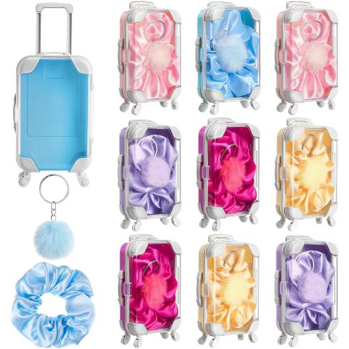 LemonRoad 30 Pcs Mini Suitcase Empty Storage Box and Plush Ball Keychain Candy Luggage Containers Packaging Case for Galentine Bridal Shower Baby Shower Party Favors Travel Gifts (Multicolor)