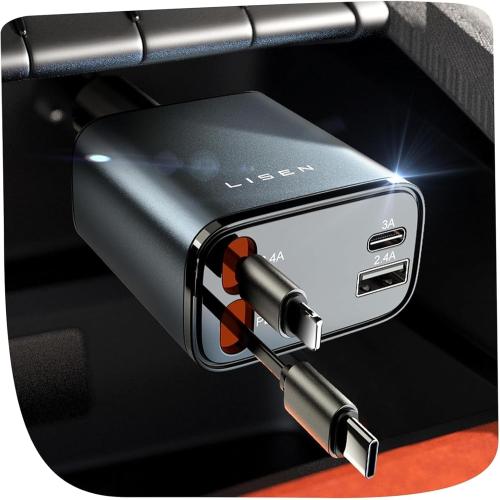 LISEN Retractable Car Charger, for Gifts for Him Her, Cars Adapter USB C Fast Charger, Car Accessories Gadgets for Men, Anniversary Birthday Gift for iPhone 17 Pro Max 16 15 14 13 12 11 X, Samsung S25