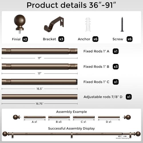 Bronze Curtain Rod 36-91 Inch, 1 Inch Adjustable Heavy Duty Curtain Rods for Windows, Decorative Modern Window Treatment Rods, Telescopic Splicing Metal Drapery Pole, Easy Installation