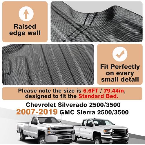 TripleAliners Truck Bed Mat Compatible with 2007-2019 Chevy Silverado/GMC Sierra 1500 2500 3500HD LD Limited Accessories 6.6FT Bed Perfectly Flush All Weather Protection TPE HeavyDuty Pickup Mat