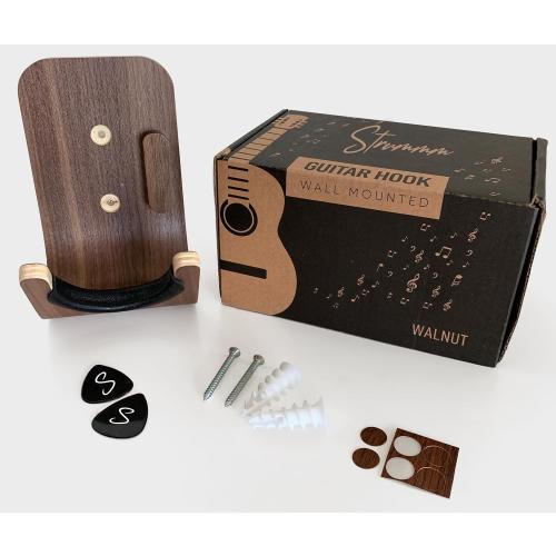 Guitar Wall Mount Hook: Modern Design Walnut Wood Guitar Hanger for Storage & Display. Heavy Duty Ply Guitar Holder for the Wall. Hangers Stand for Acoustic Guitars, Ukulele, Bass, Violin, Cello