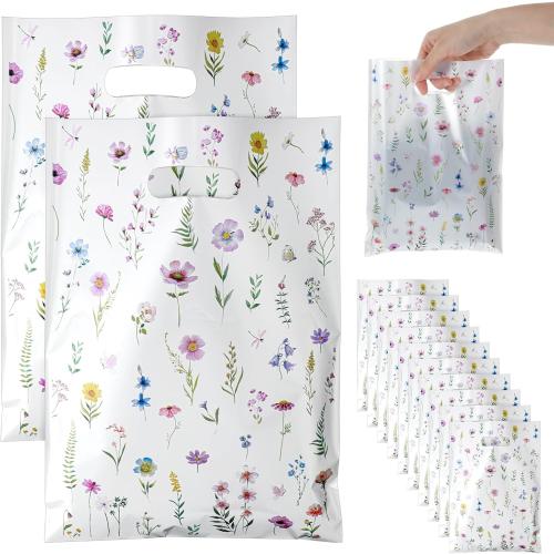 Ouligay 50PCS Plastic Wildflower Goodie Bags Reusable Party Favor Bags with Handles Vintage Floral Gift Bag Wildfloral Candy Treat Bag for Baby Shower Wedding Birthday Supplies Colorful