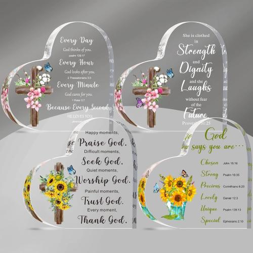 Pinkunn 4 Pcs Acrylic Christian Religious Gift for Women Inspirational Gift with Bible Verse Prayer Scripture Church for Friends Mom Birthday Gifts Keepsake Paperweight(Heart)