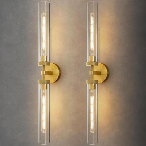 Knurled Brass Tube Wall Sconce: Set of 2 Modern Gold Bathroom Linear Lights