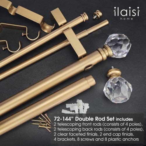 Double Curtain Rod Set:1-1/8 Inch Diameter Luxury Gold Curtain Rods,72-144 Inch Adjustable Gold Drapery Rod with Crystal-clear Faceted Finials for 1 Pack
