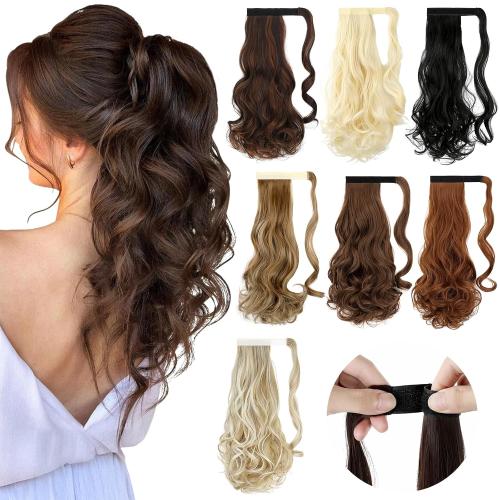 FELENDY 18 Ponytail Extension Curly Wavy Clip in Hairpiece Wrap Around Long Pony Tails Hair Extensions Synthetic for Women Ash Blonde Mix Light Brown