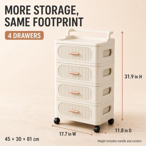Rolling Storage Cart with 4 Drawers, Plastic Cabinet with Wheels, Raised-Edge Top and Push Handle, Mobile Organizer for Bedroom, Bathroom, Craft Room, Cream, 17.7 x 11.8 x 31.9 in