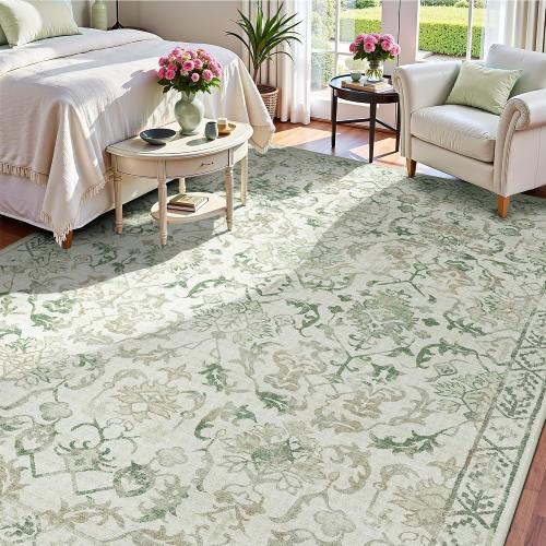 Green Area Rugs 8x10 Rugs for Living Room, Traditional Washable Rugs for Bedroom Distressed Large Area Rug Living Room Rug Non Slip Rug Carpet for Dining Nursery