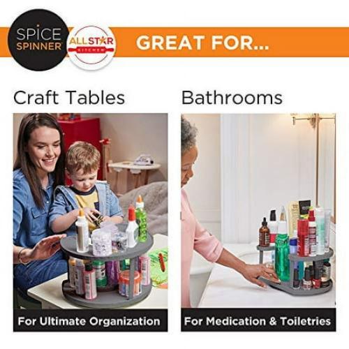 spice spinner two-tiered spice organizer & holder that saves space, keeps everything neat, organized & within reach with dual spin turntables- grey
