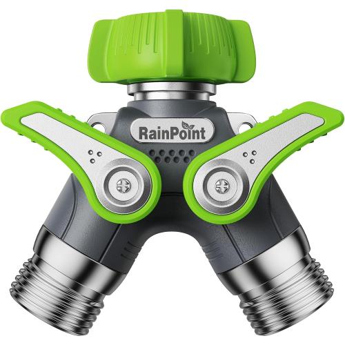 RAINPOINT 2 Way Garden Hose Splitter | Heavy Duty Water Spigot Splitter with Shutoff Valves, 100% Metal Body, 1.9 Extra Long Metal Handle, 3/4 GHT Thread