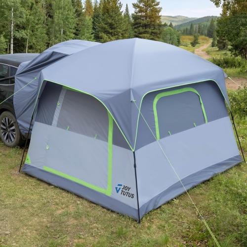 JOYTUTUS Dual-Use SUV Camping Tent with Rainfly, 4-9 Person Car Tent, Thicker Steel Frame, Ventilated Double Door, Movie Screen, Compatible with SUVs, Hatchback Tent
