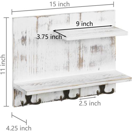 MyGift 2 Tier Wall Mounted Shabby White Washed Solid Wood Bathroom Storage Shelves, Decorative Entryway Floating Shelf Rack with 6 Hooks for Hanging Towels