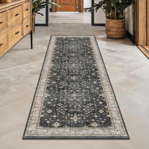 Black Boho Washable Runner Rugs for Hallway Kitchen Bedroom Beside Laundry Room Bathroom Rug, Pet & Kids Friendly, Non Slip Low Pile Stain Resistant Soft Foldable Long Floor Carpet