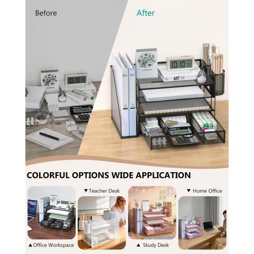WALI Desk File Organizer, 4 Tier Desktop Paper Letter Tray Organizer with Drawer and 2 Pen Holders, Office Desk Accessories & Workspace Organizers for Office, Home Supplies(DO005DH-B), 1 Pack, Black