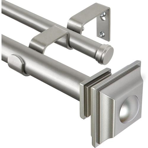 KAMANINA 1 Inch Double Curtain Rods 36 to 72 Inches (3-6 Feet) Telescoping Dark Silver Curtain Rod for Windows 24 to 68 Inches, Heavy Duty Drapery Rods with Square Finials