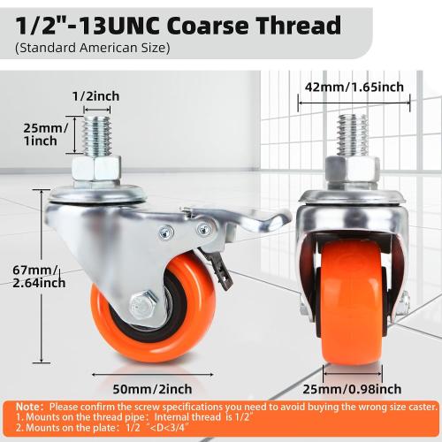 Set of 8 W B D WEIBIDA Stem Caster Wheels 2 Inch with Dual Locking, Heavy Duty Threaded Stem Casters UNC 1/2-13 x 1, No Noise Swivel Casters, Set of 8 Caster Wheels for Cart, Furniture