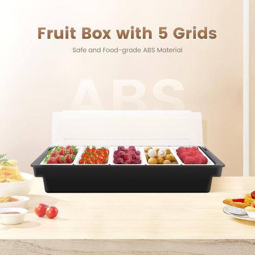 5 Compartment Condiment Serving Container, Fruit, Veggie & Condiment Caddy with Lid, Plastic Dispenser Tray Garnish Station for Bartending & Serving Taco, Ice Cream, Salad Bar, Black   White
