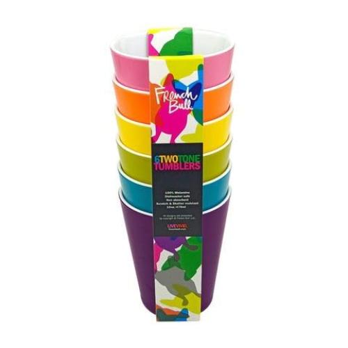 French Bull Melamine 16oz Tumblers - Colorful Assorted Set of 6, Stackable, Dishwasher Safe, BPA-free, Dringking Cups