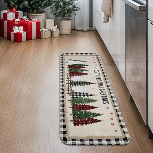 Farmhouse Christmas Kitchen Mats for Floor, Rustic Barn Trees Soft Mats, Holiday Cushioned Non Slip Washable Decor Rugs for Kitchen Sinks Bathroom 16x47 Inch