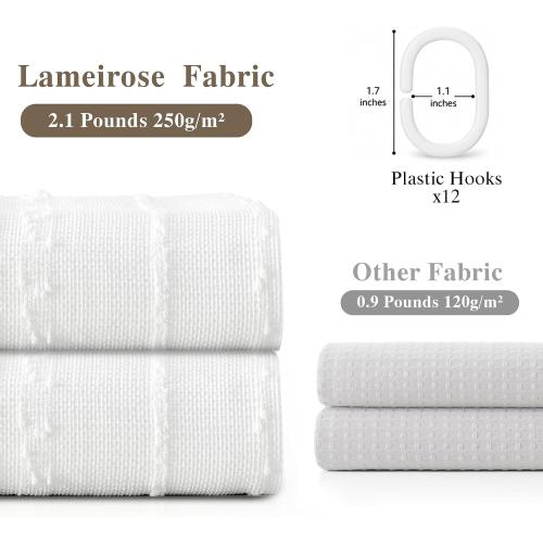 Extra Long Farmhouse White Shower Curtain Boho, 72 x 78 Cotton Blend Tufted Weave Waffle Stripe Textured Heavy Duty, Fabric Shower Curtain for Bathroom, Hotel