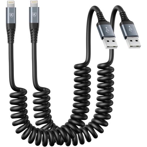Coiled Lightning Cable, iPhone Charger Cable 3FT for Car, 2 Pack-Black
