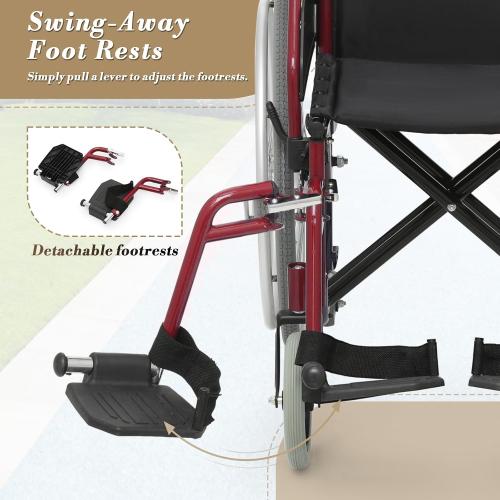 Athena Collection Wheelchair for Adult, Foldable Transport Wheelchair with 17 Width Seat 23.5 Rear Wheel, Wheel Chair with Flit-Back Armrest Swing-Away Footrest and Brake, Support 300 Lbs, Red
