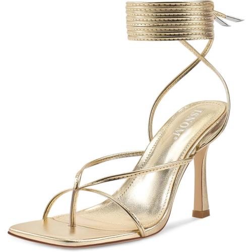 ISNOM Lace Up Heels Sandals for Women - Square Open Toe, Stiletto High Heel