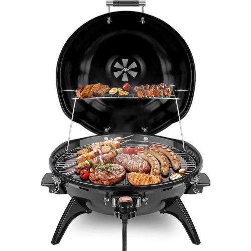 Electric BBQ Grill Techwood 15-Serving Outdoor Electric Grill for Party, Patio & Backyard, Double Layer Design, Portable Removable Stand Grill, 1600W (Countertop Black BBQ Grill)