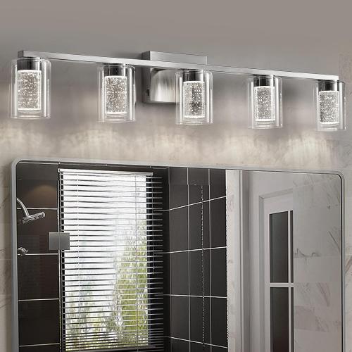 SADENICEL 5 Light Bathroom Light Fixtures, Brushed Nickel Vanity Lights Crystal Dimmable LED White/Neutral/Warm Bathroom Lights Over Mirror for Bathroom, Bedroom,Living Room (5 Light)